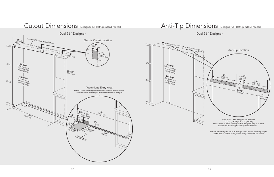 Anti-tip dimensions, Cutout dimensions, Dual 36” designer | Anti-tip location, Designer all refrigerator/freezer), Electric outlet location water line entry area | Viking AF/AR User Manual | Page 19 / 26