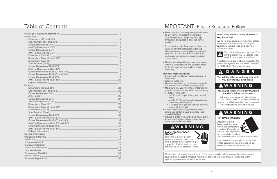 Table of contents important, Please read and follow | Viking AF/AR User Manual | Page 2 / 26