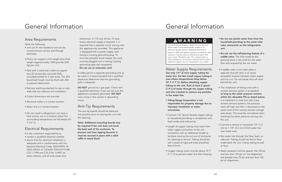 General information, Water supply requirements, Area requirements | Electrical requirements, Anti-tip requirements | Viking AF/AR User Manual | Page 21 / 26