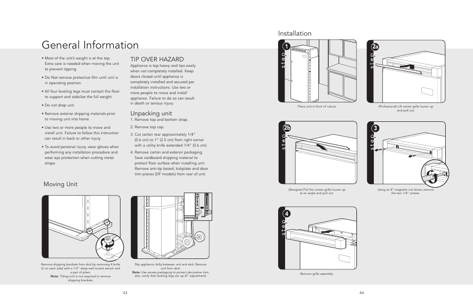 General information, Installation, 2b 3 | Tip over hazard, Unpacking unit, Moving unit | Viking AF/AR User Manual | Page 22 / 26