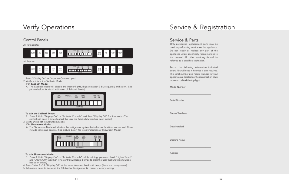 Service & registration, Verify operations, Service & parts | Control panels, Serial number, Date of purchase, Date installed, Dealer's name, Address, All refrigerator | Viking AF/AR User Manual | Page 26 / 26