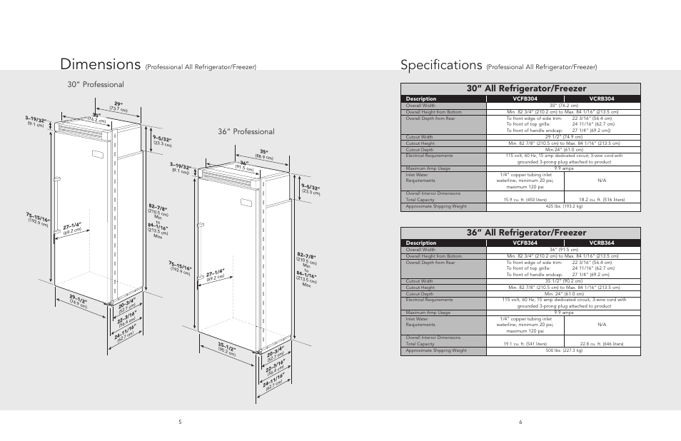 Dimensions, Specifications, 30” all refrigerator/freezer | 36” all refrigerator/freezer, 30” professional 36” professional, Professional all refrigerator/freezer) | Viking AF/AR User Manual | Page 3 / 26