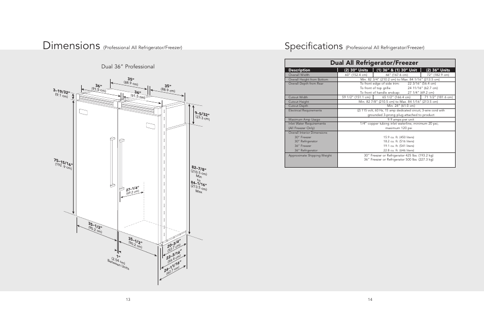 Dimensions, Specifications, Dual all refrigerator/freezer | Dual 36” professional, Professional all refrigerator/freezer) | Viking AF/AR User Manual | Page 7 / 26