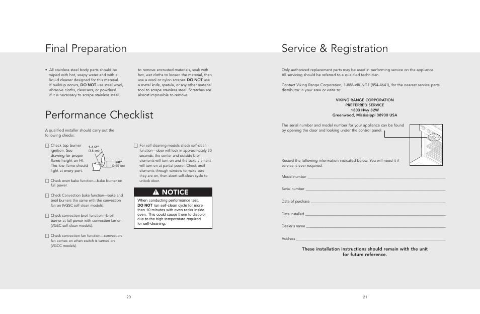 Service & registration performance checklist, Final preparation, Notice | Viking F20513 User Manual | Page 11 / 12