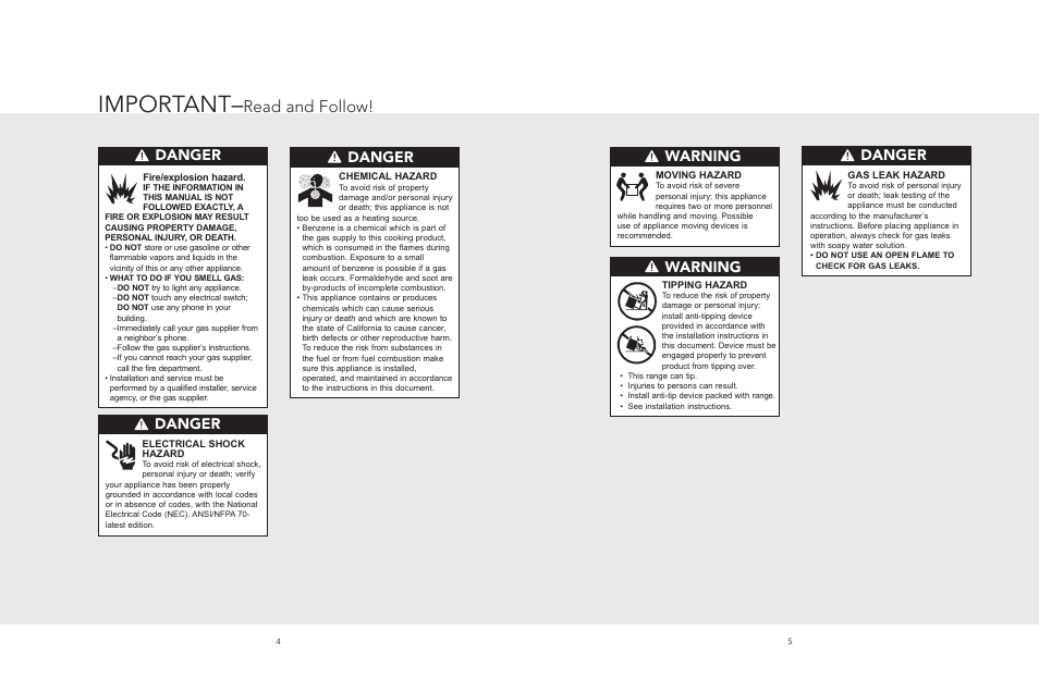 Important, Read and follow, Danger | Warning | Viking F20513 User Manual | Page 3 / 12