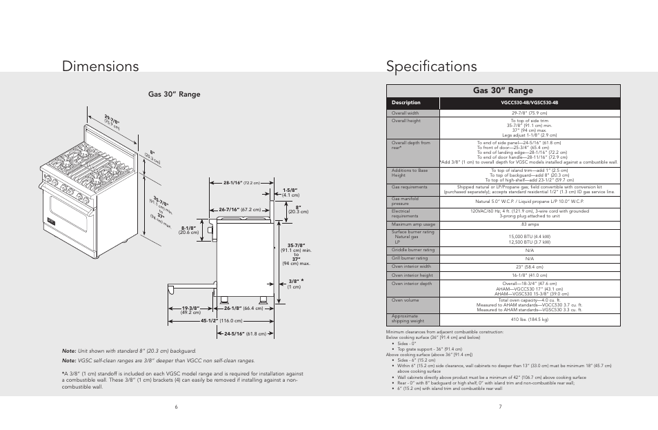 Specifications, Dimensions, Gas 30” range | Viking F20513 User Manual | Page 4 / 12