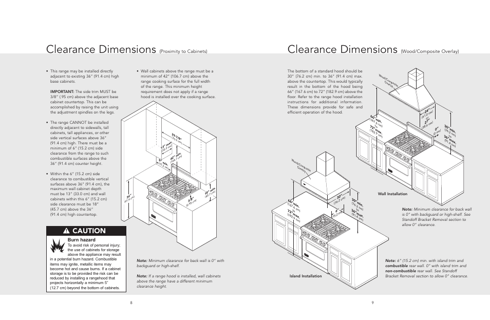 Clearance dimensions, Caution, Wood/composite overlay) | Proximity to cabinets), Burn hazard | Viking F20513 User Manual | Page 5 / 12