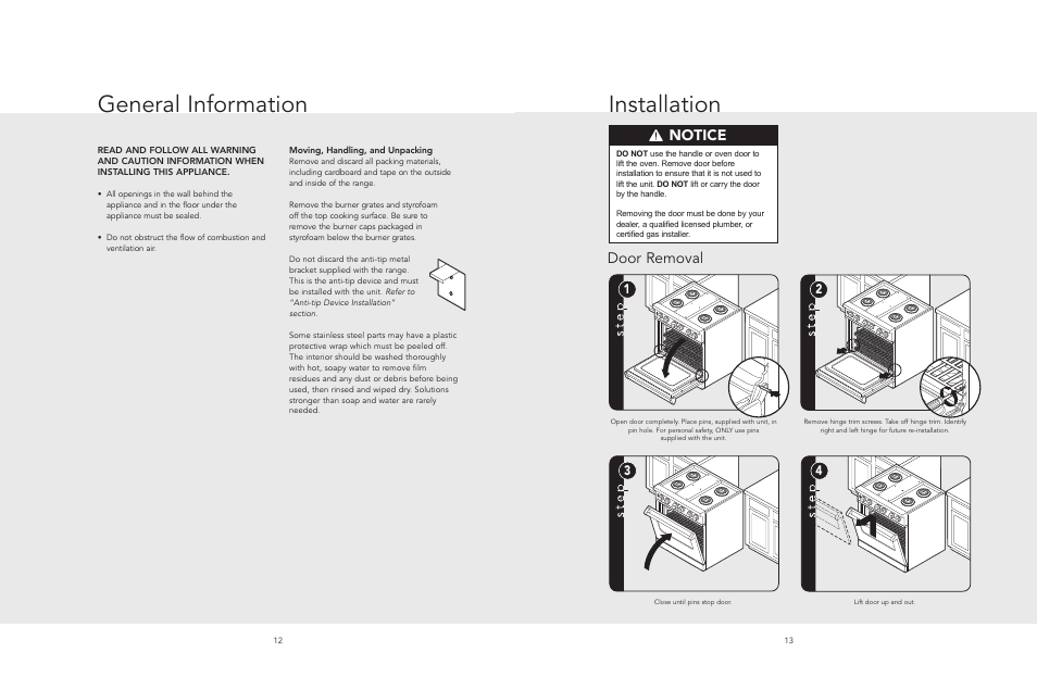 General information, Installation, Notice | Door removal | Viking F20513 User Manual | Page 7 / 12