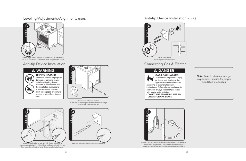 Leveling/adjustments/alignments, Connecting gas & electric warning, Danger | Anti-tip device installation, Cont.) | Viking F20513 User Manual | Page 9 / 12