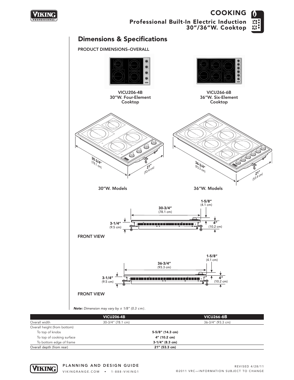 Cooking, Dimensions & specifications | Viking VICU266-6B User Manual | Page 2 / 7