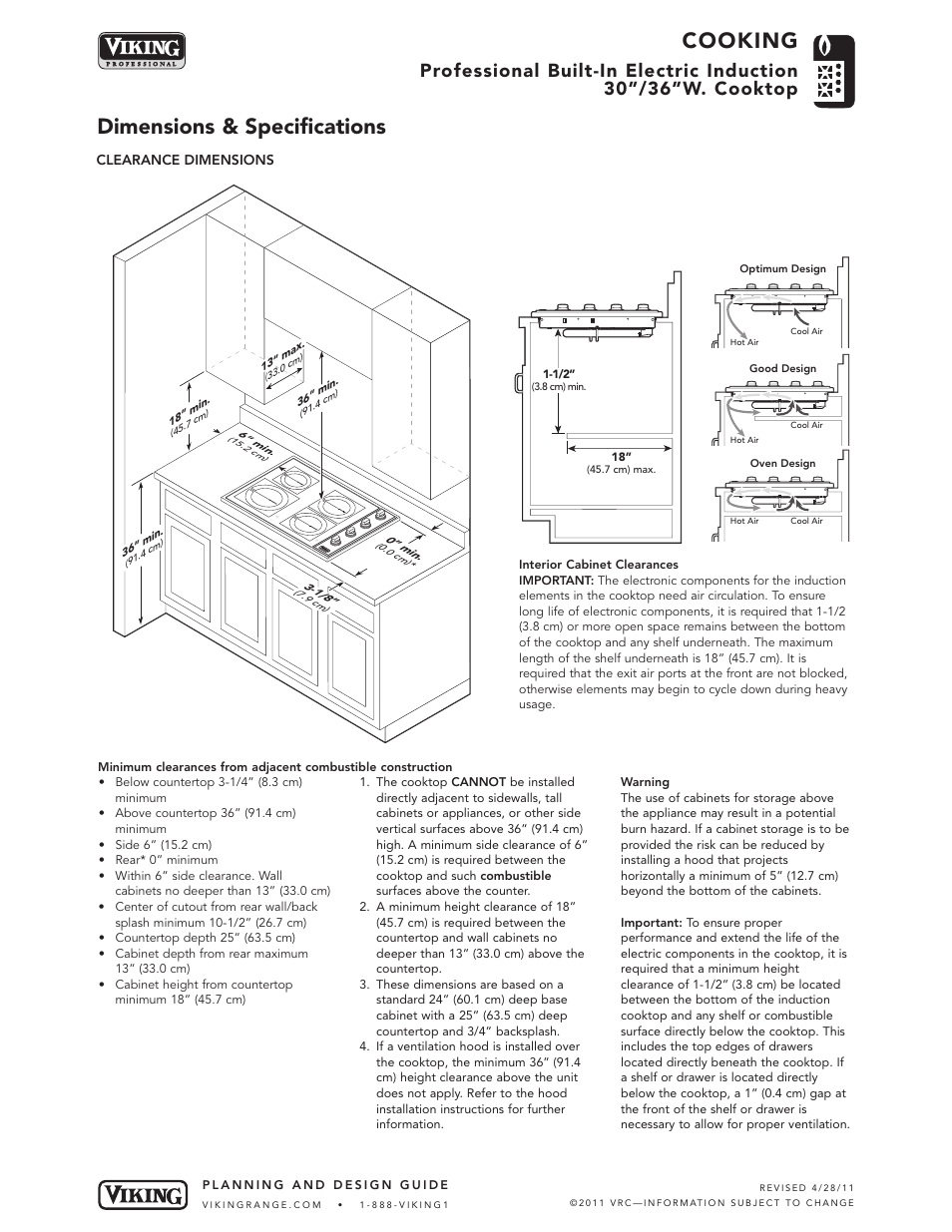 Cooking, Dimensions & specifications | Viking VICU266-6B User Manual | Page 3 / 7