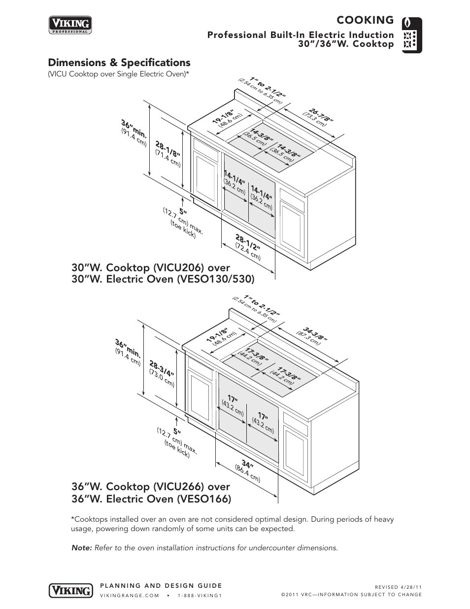 Cooking, Dimensions & specifications | Viking VICU266-6B User Manual | Page 4 / 7