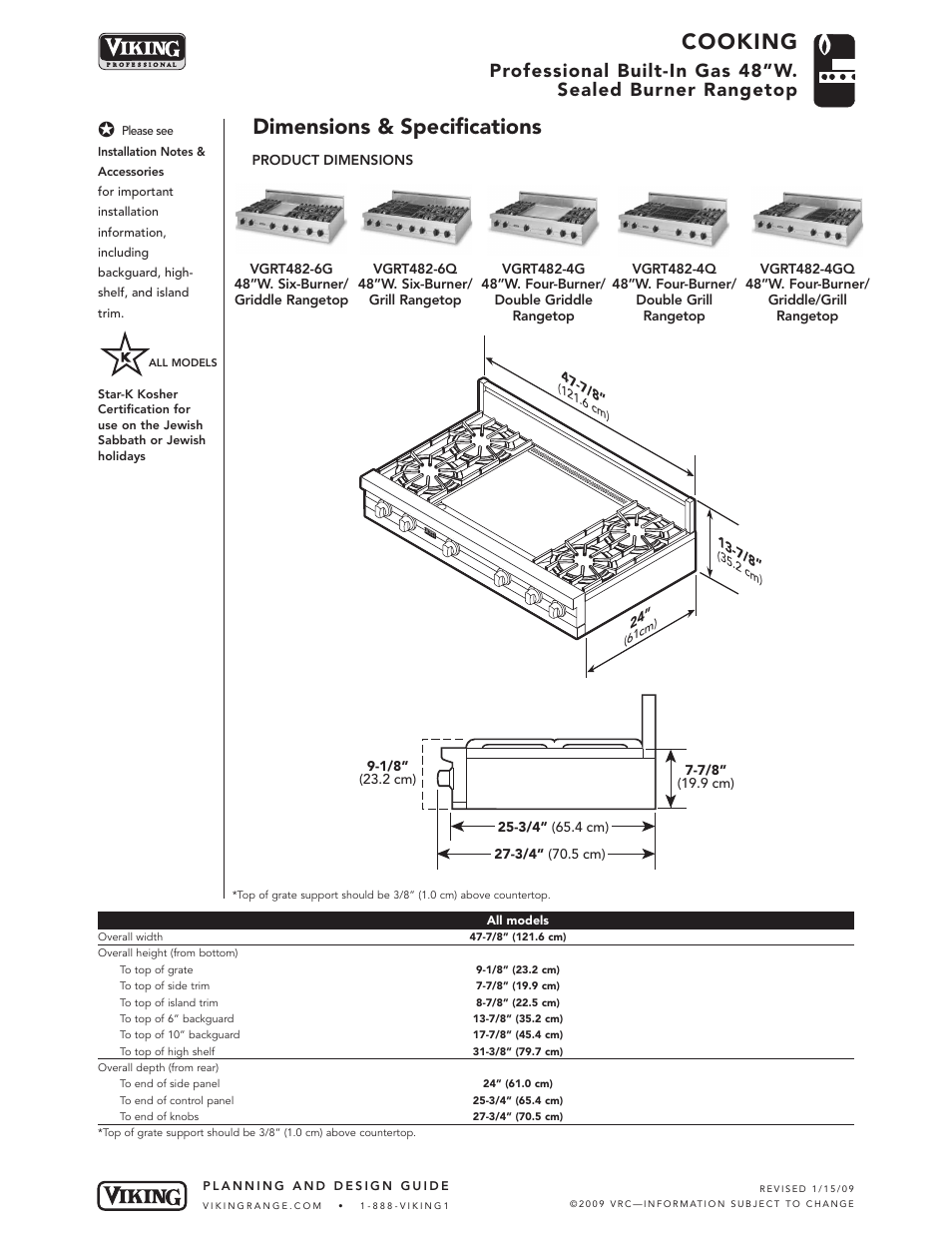 Cooking, Dimensions & specifications | Viking VGRT482-6Q User Manual | Page 3 / 6