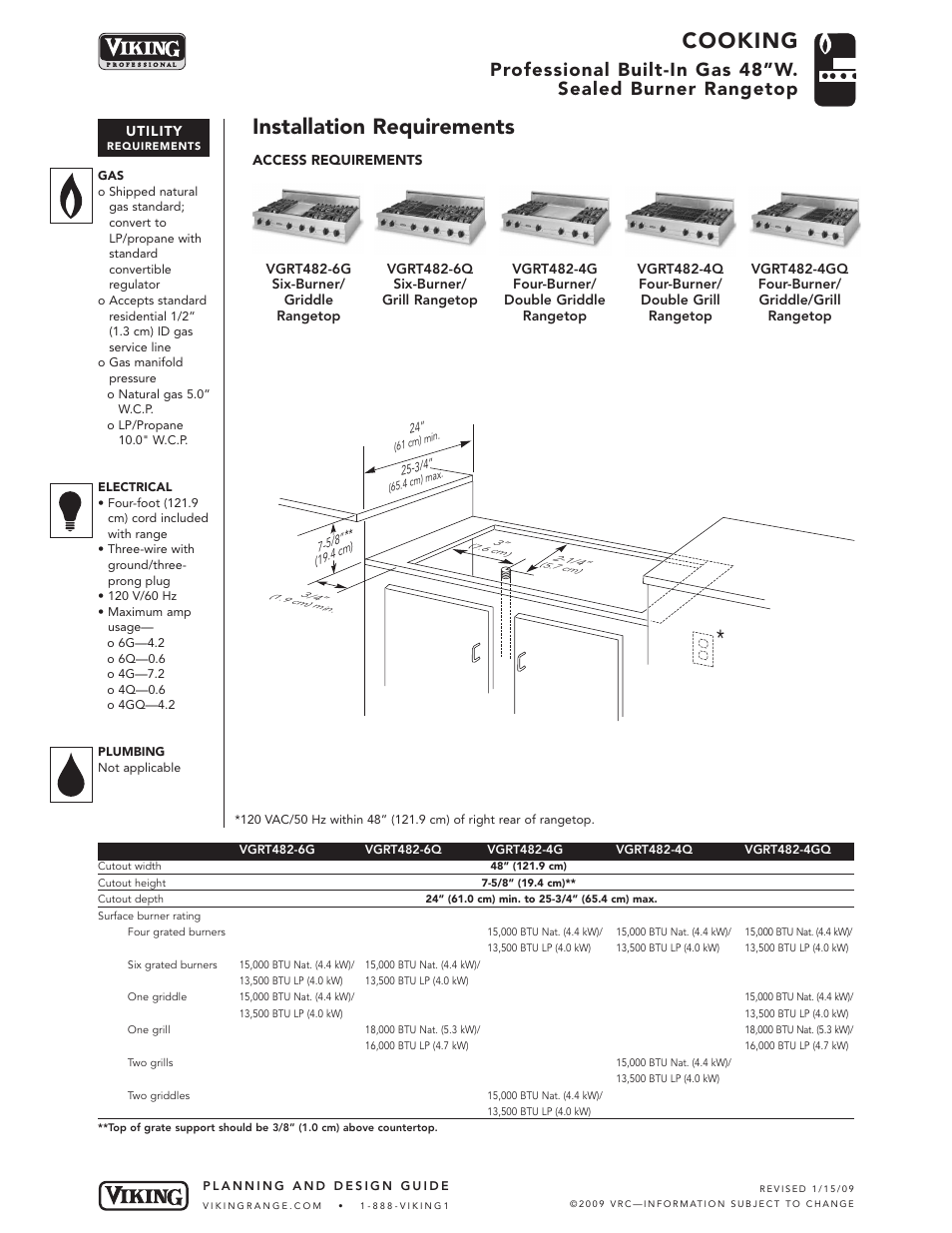 Cooking, Installation requirements | Viking VGRT482-6Q User Manual | Page 5 / 6
