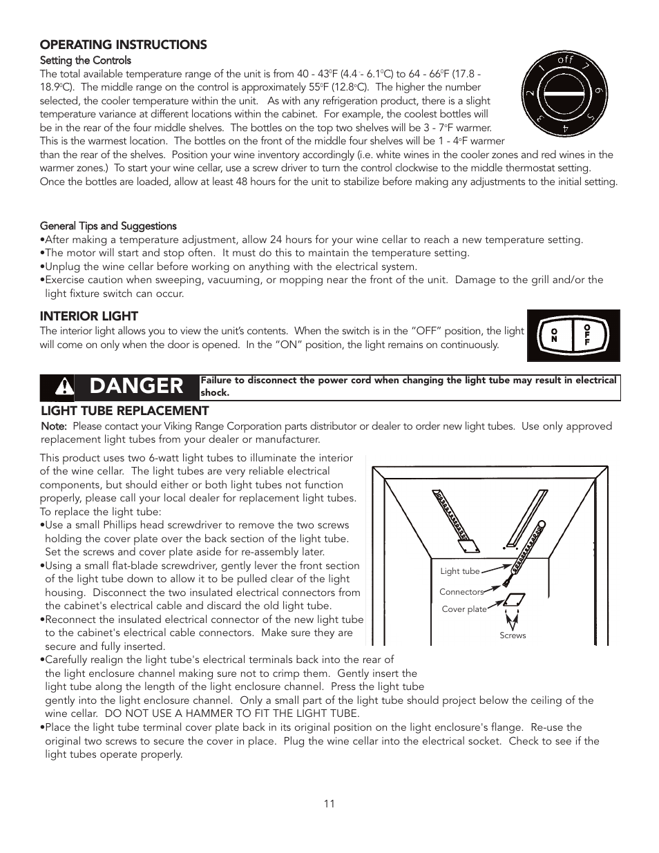 Danger, Operating instructions, Interior light | Light tube replacement | Viking UNDERCOUNTER/FREESTANDING WINE CELLAR User Manual | Page 11 / 14