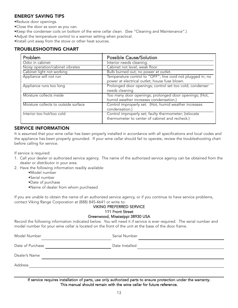 Viking UNDERCOUNTER/FREESTANDING WINE CELLAR User Manual | Page 13 / 14