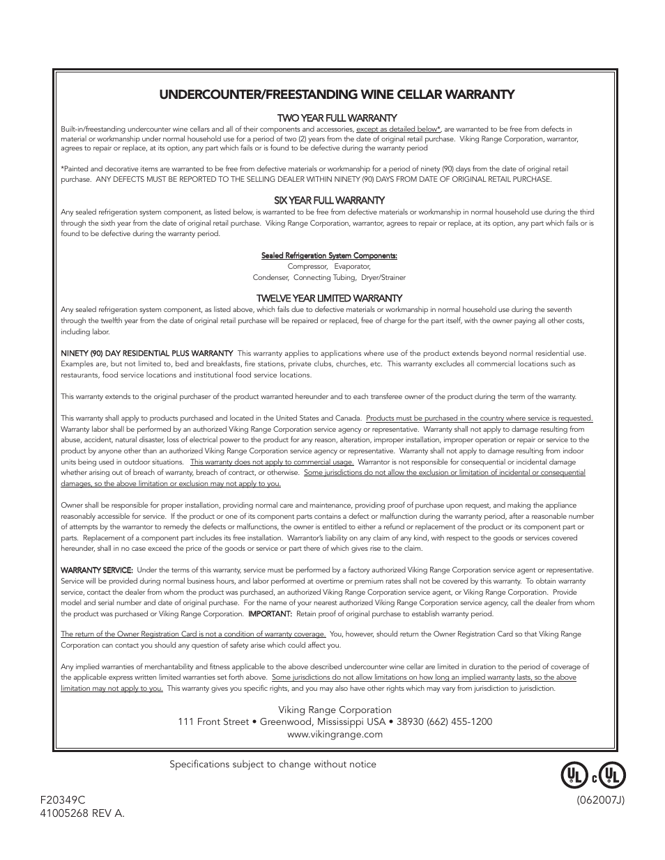 Undercounter/freestanding wine cellar warranty | Viking UNDERCOUNTER/FREESTANDING WINE CELLAR User Manual | Page 14 / 14
