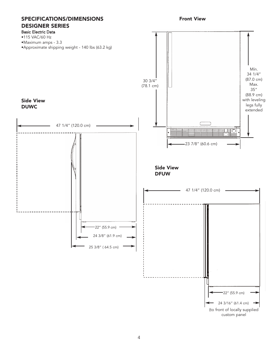 Specifications/dimensions designer series | Viking UNDERCOUNTER/FREESTANDING WINE CELLAR User Manual | Page 4 / 14