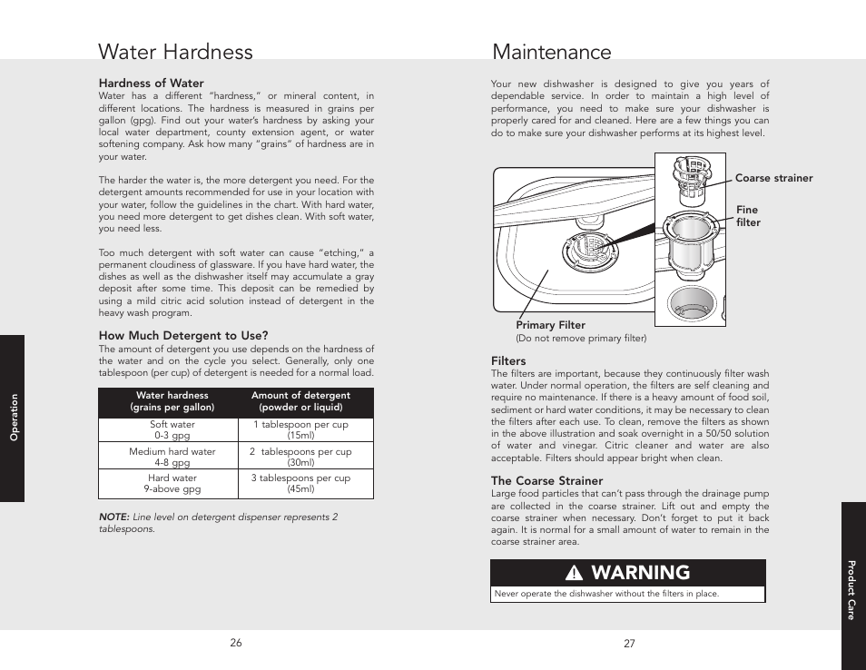 Maintenance, Water hardness, Warning | Viking F20631E User Manual | Page 14 / 22