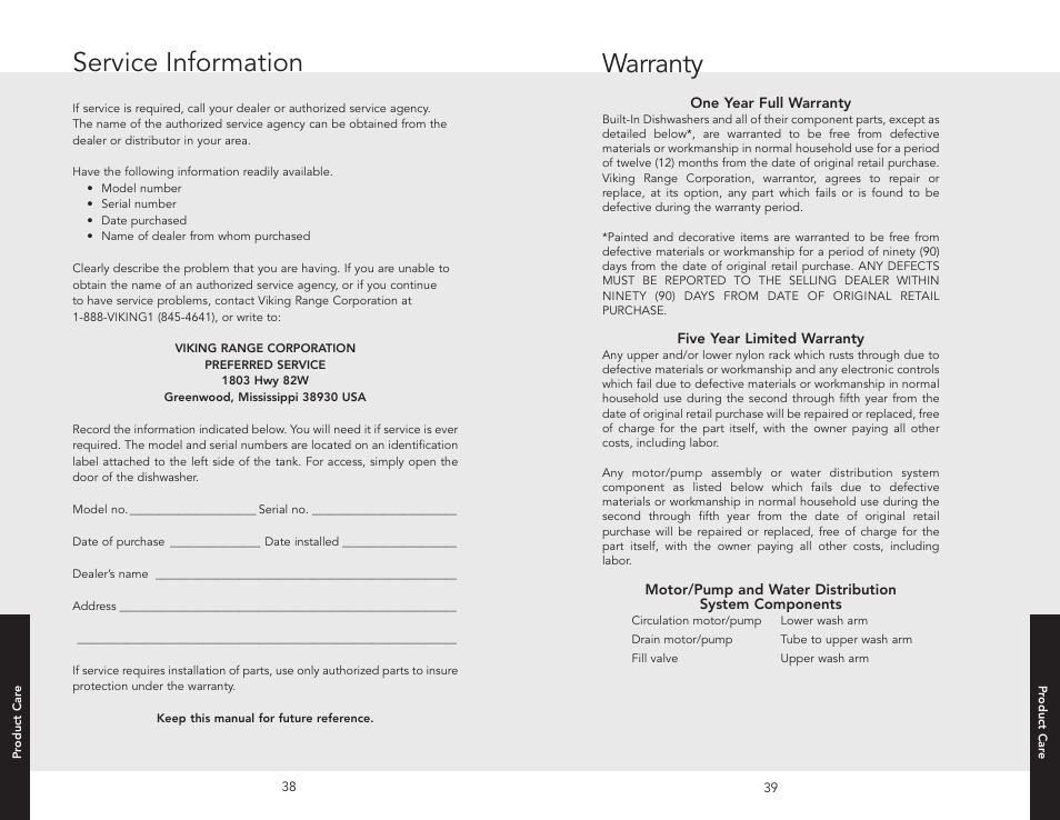 Warranty, Service information | Viking F20631E User Manual | Page 20 / 22