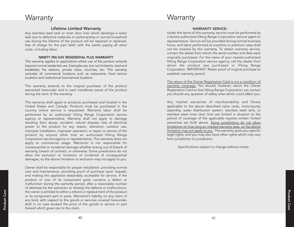 Warranty | Viking F20631E User Manual | Page 21 / 22