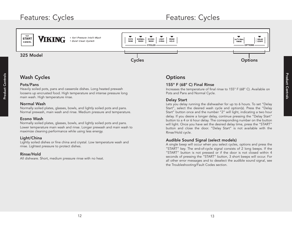 Features: cycles, Wash cycles, Options | Viking F20631E User Manual | Page 7 / 22