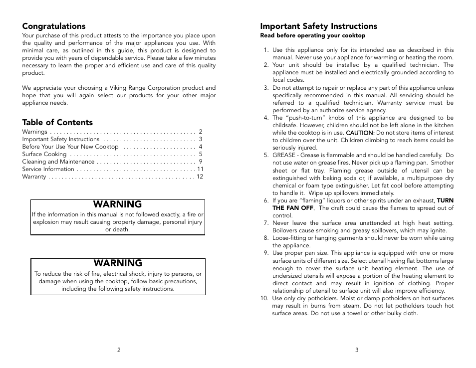 Warning | Viking F20033C User Manual | Page 2 / 8