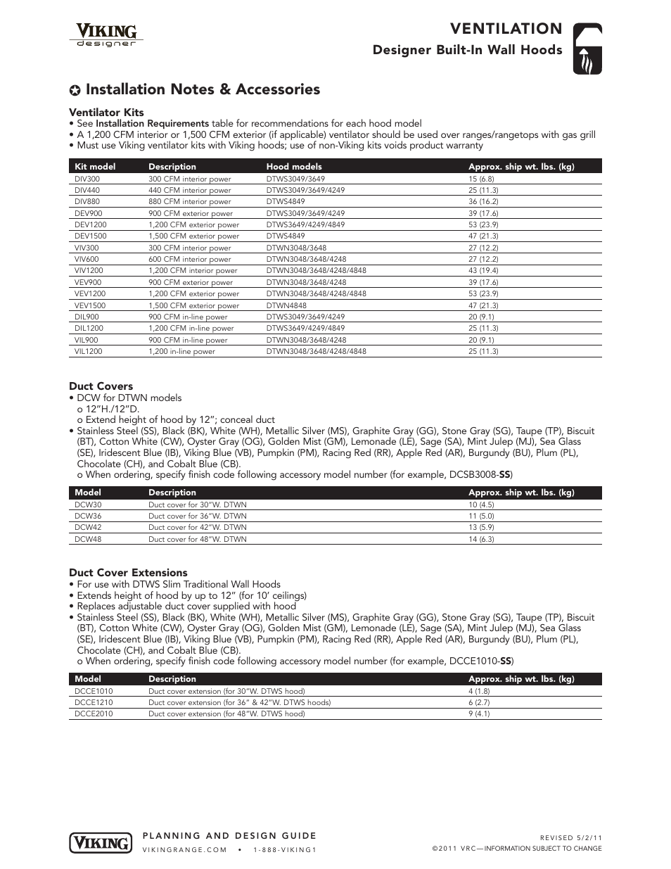 Ventilation, Designer built-in wall hoods, Ventilator kits | Duct covers, Duct cover extensions | Viking DTWN User Manual | Page 5 / 6