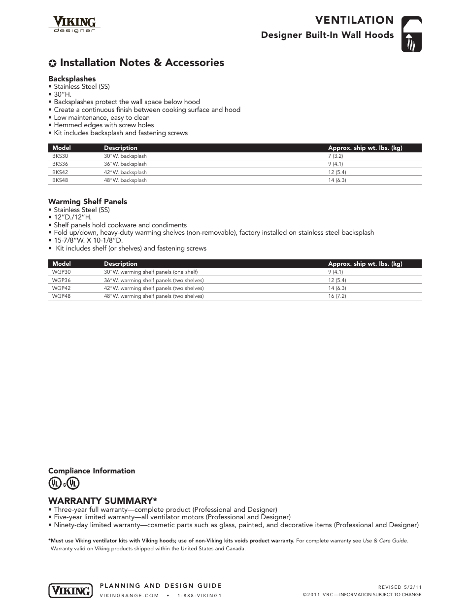 Ventilation, Designer built-in wall hoods, Warranty summary | Viking DTWN User Manual | Page 6 / 6