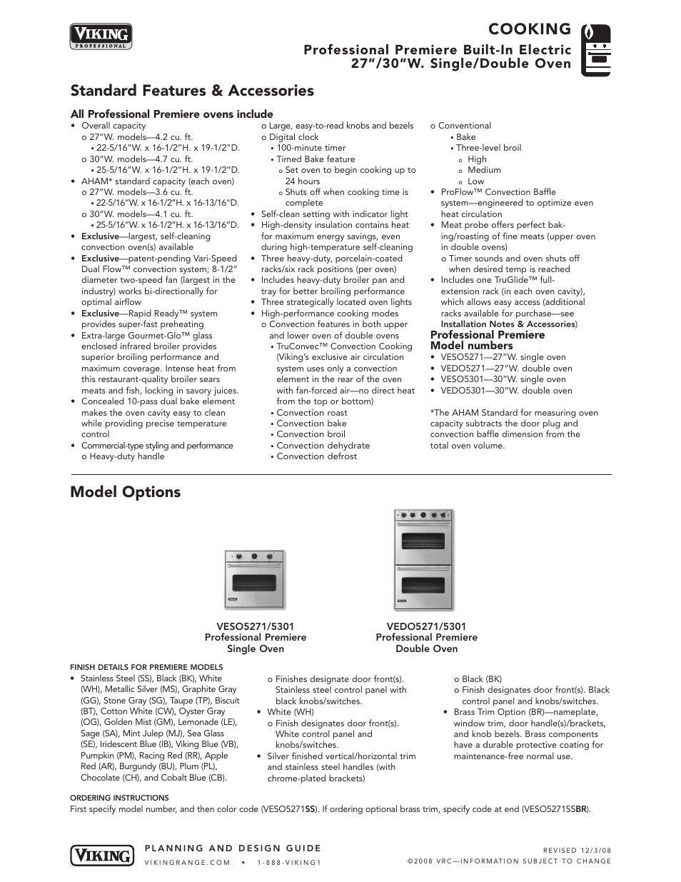 Standard features & accessories cooking, Model options | Viking VEDO127 User Manual | Page 2 / 5