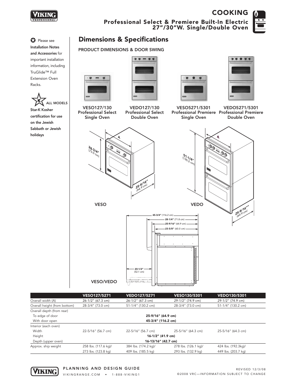 Cooking, Dimensions & specifications | Viking VEDO127 User Manual | Page 3 / 5