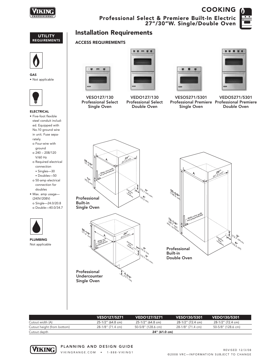 Cooking, Installation requirements, Utility | Viking VEDO127 User Manual | Page 4 / 5