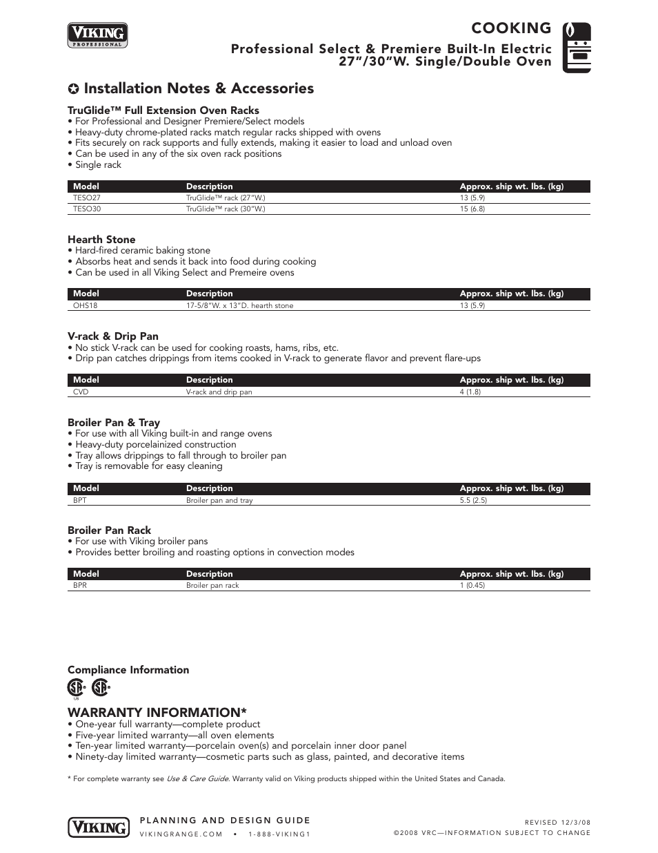 Cooking, Warranty information | Viking VEDO127 User Manual | Page 5 / 5