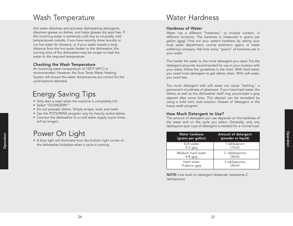 Water hardness, Wash temperature, Energy saving tips | Power on light | Viking 450 User Manual | Page 14 / 22