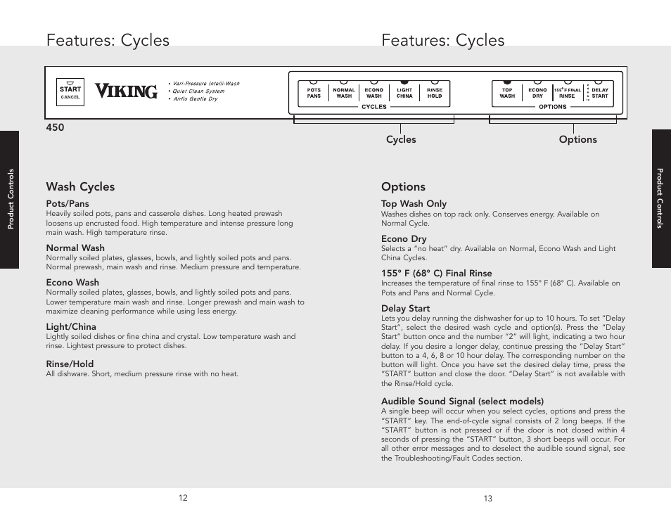Features: cycles, Wash cycles, Options | Viking 450 User Manual | Page 7 / 22