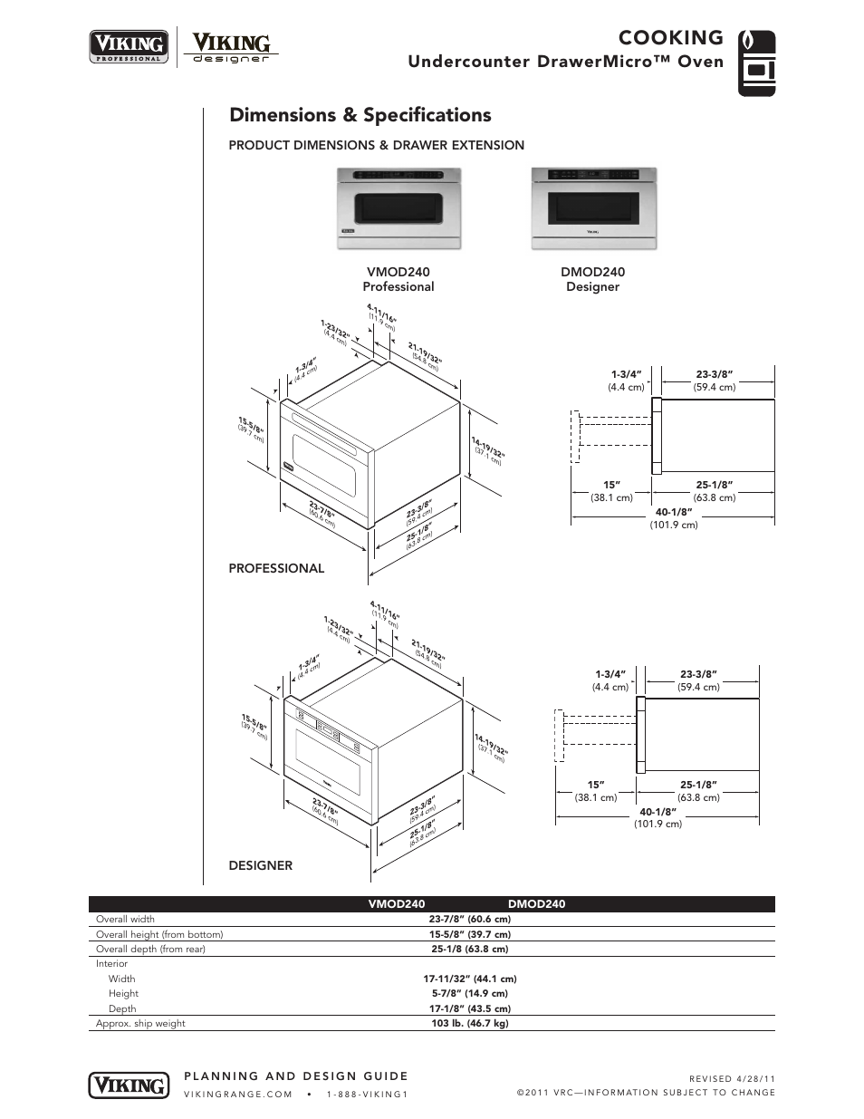 Cooking, Dimensions & specifications, Undercounter drawermicro™ oven | Viking DMOD240 User Manual | Page 2 / 4