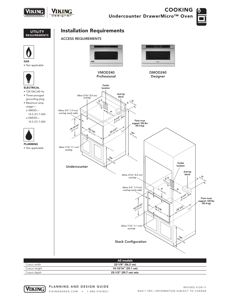 Cooking, Installation requirements, Undercounter drawermicro™ oven | Access requirements utility, Undercounter stack configuration | Viking DMOD240 User Manual | Page 3 / 4