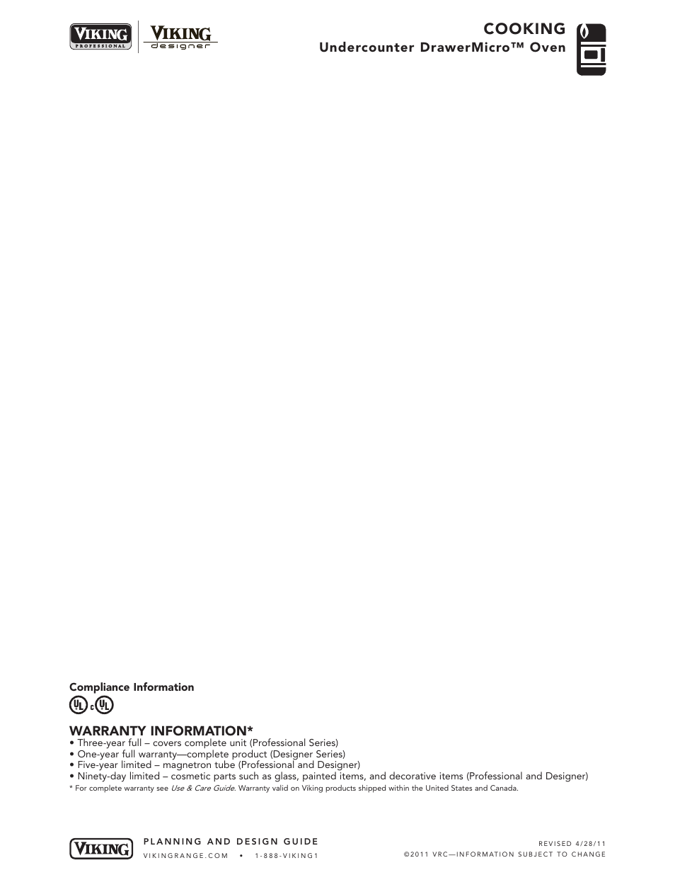 Cooking, Undercounter drawermicro™ oven, Warranty information | Viking DMOD240 User Manual | Page 4 / 4