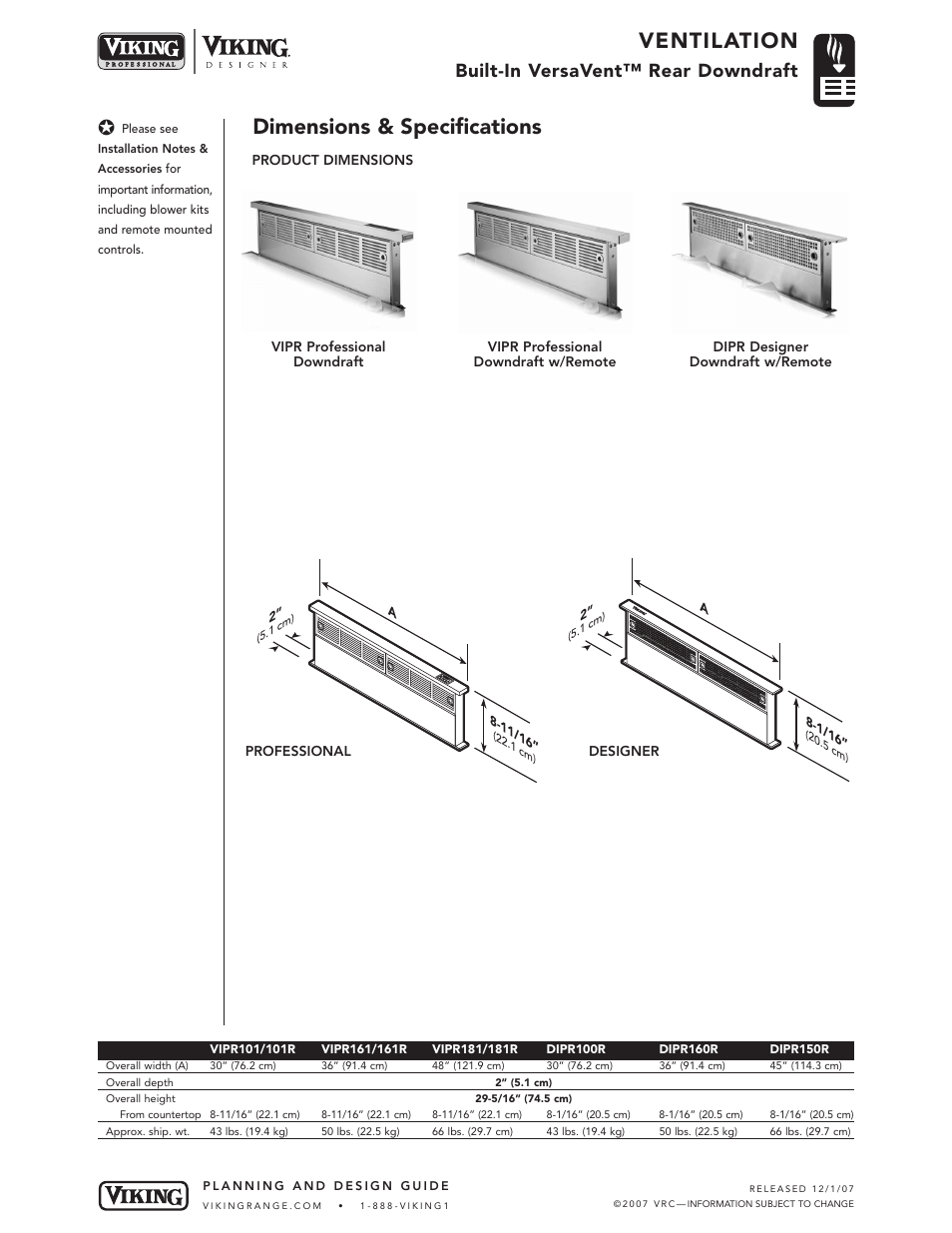 Ventilation, Dimensions & specifications, Built-in versavent™ rear downdraft | Viking VEDV User Manual | Page 2 / 7