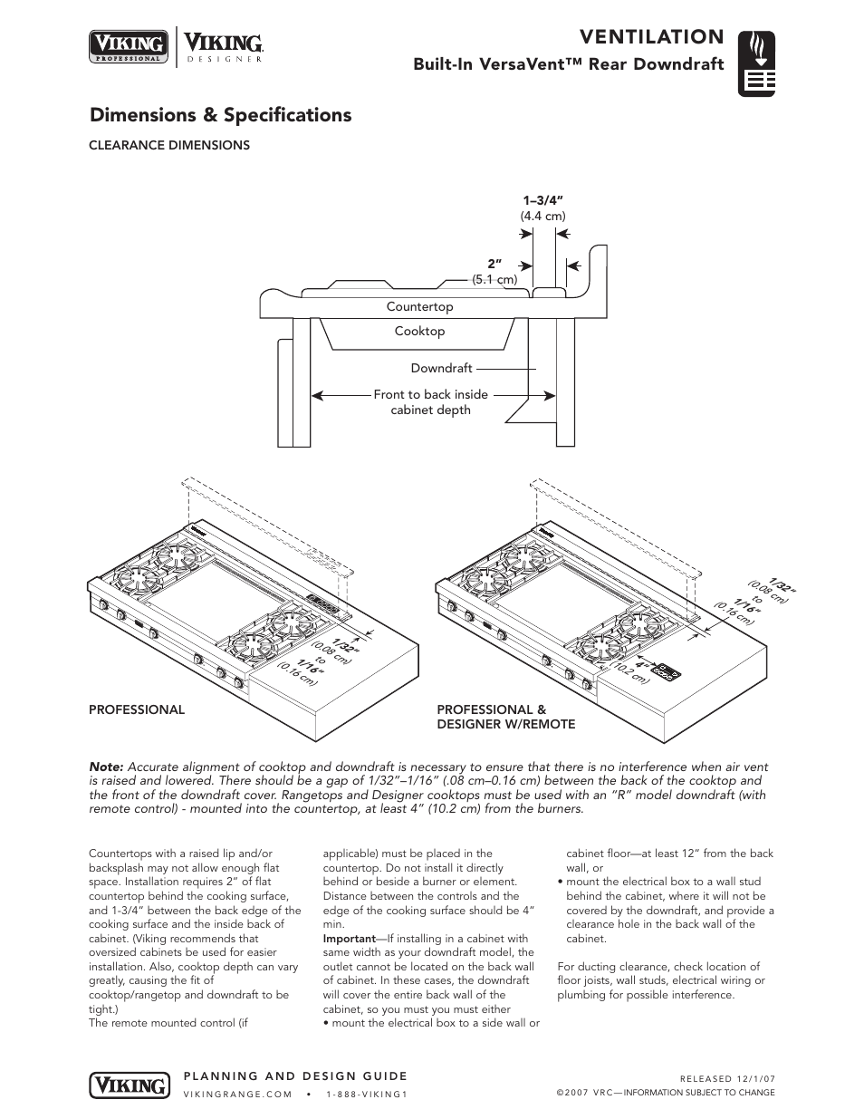 Ventilation, Dimensions & specifications, Built-in versavent™ rear downdraft | Viking VEDV User Manual | Page 3 / 7