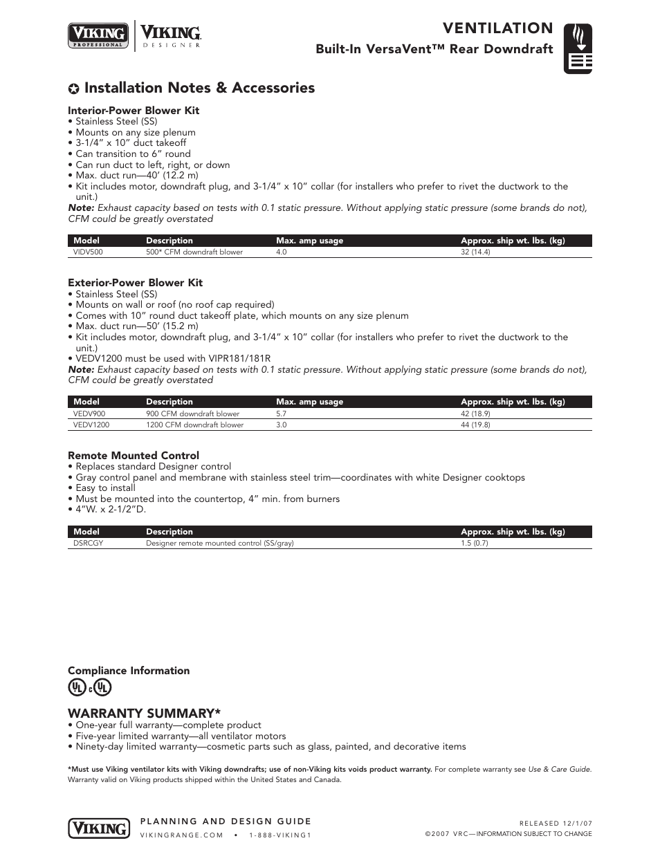 Ventilation, Built-in versavent™ rear downdraft, Warranty summary | Viking VEDV User Manual | Page 7 / 7