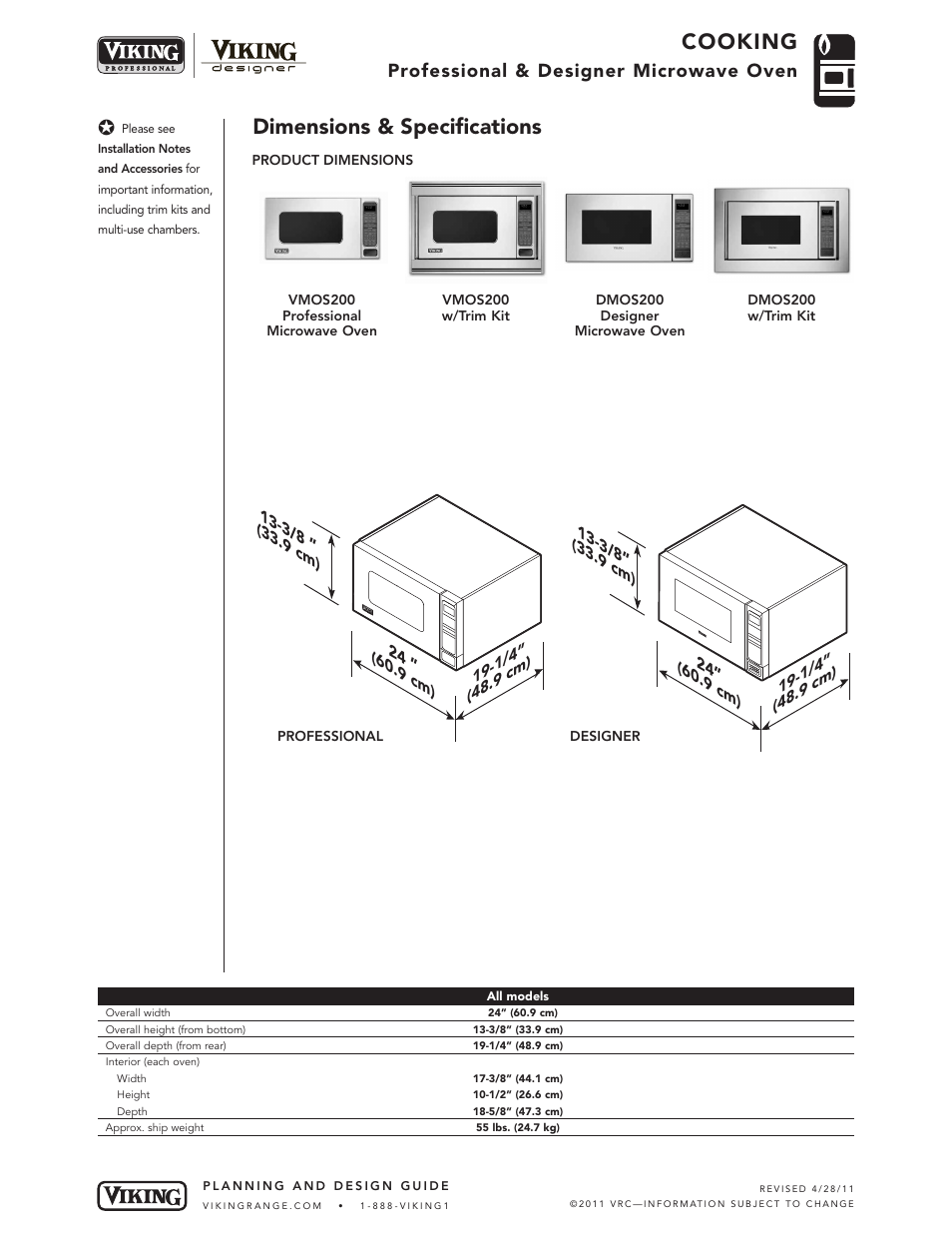 Cooking, Dimensions & specifications, Professional & designer microwave oven | Viking VMOS200 User Manual | Page 2 / 4