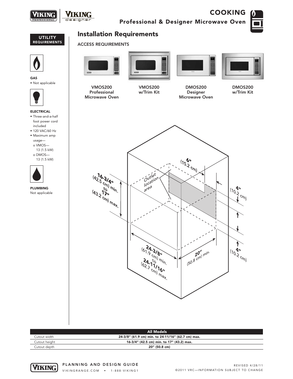 Cooking, Installation requirements, Professional & designer microwave oven | Viking VMOS200 User Manual | Page 3 / 4