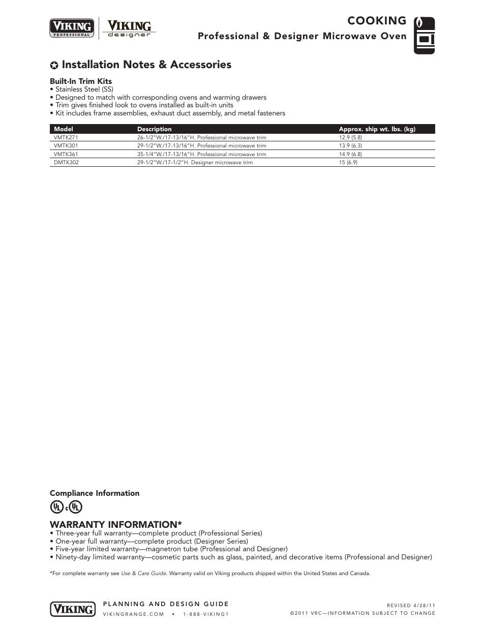 Cooking, Professional & designer microwave oven, Warranty information | Viking VMOS200 User Manual | Page 4 / 4