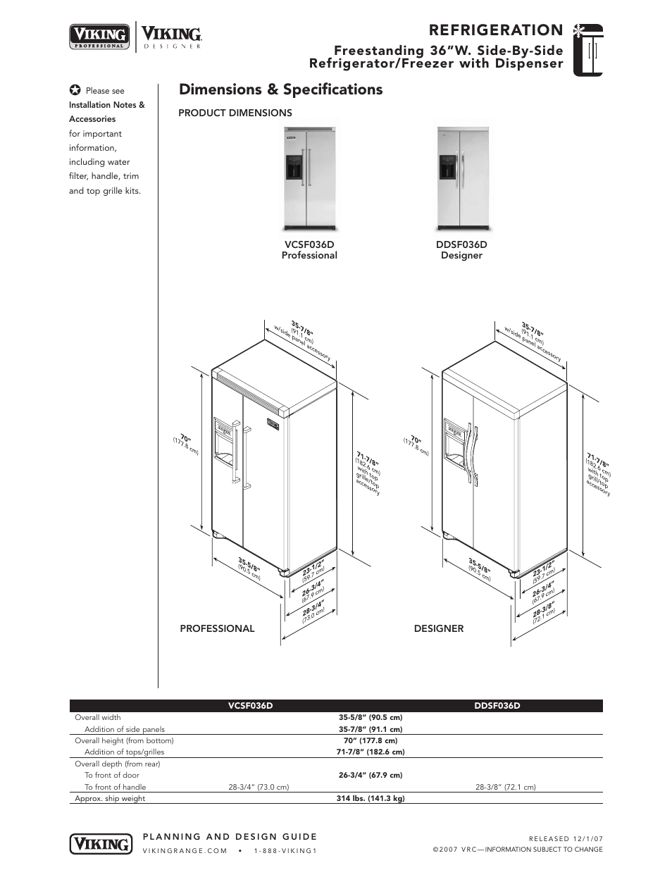 Refrigeration, Dimensions & specifications, Professional designer | Product dimensions | Viking DDSF036D User Manual | Page 2 / 5