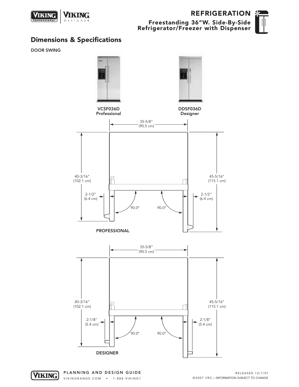 Refrigeration, Dimensions & specifications | Viking DDSF036D User Manual | Page 3 / 5