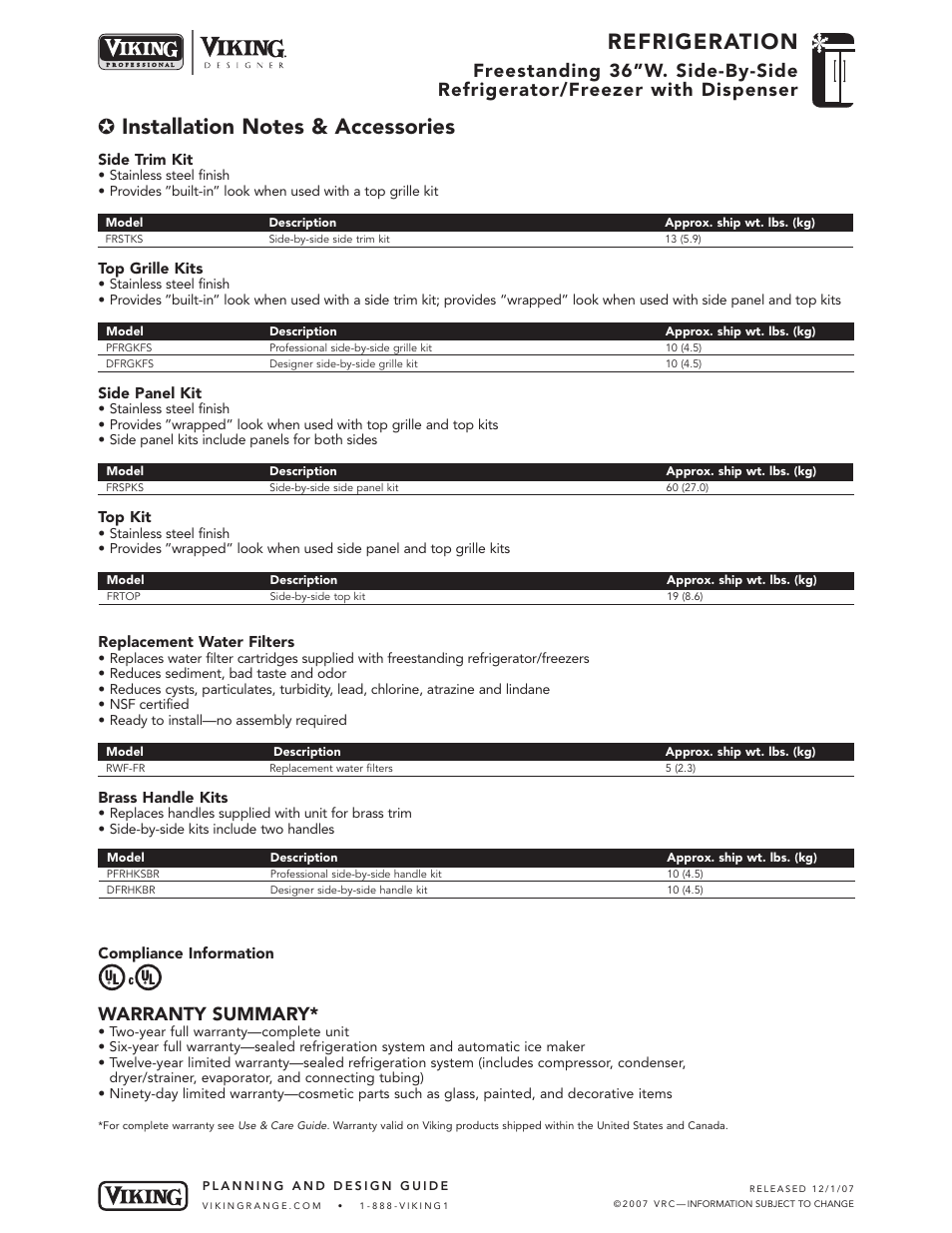 Refrigeration, Warranty summary | Viking DDSF036D User Manual | Page 5 / 5