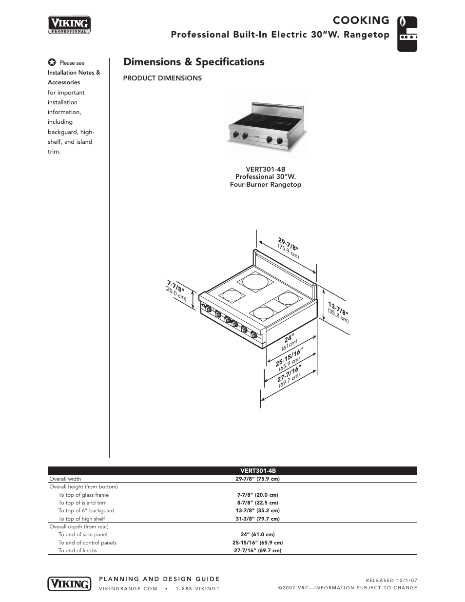 Cooking, Dimensions & specifications, Professional built-in electric 30”w. rangetop | Viking VERT301-4B User Manual | Page 2 / 5