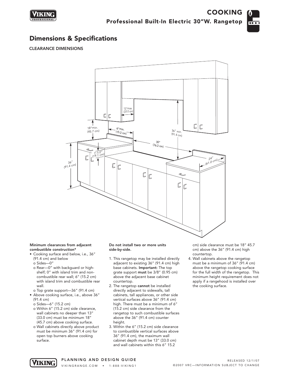 Cooking, Dimensions & specifications, Professional built-in electric 30”w. rangetop | Viking VERT301-4B User Manual | Page 3 / 5