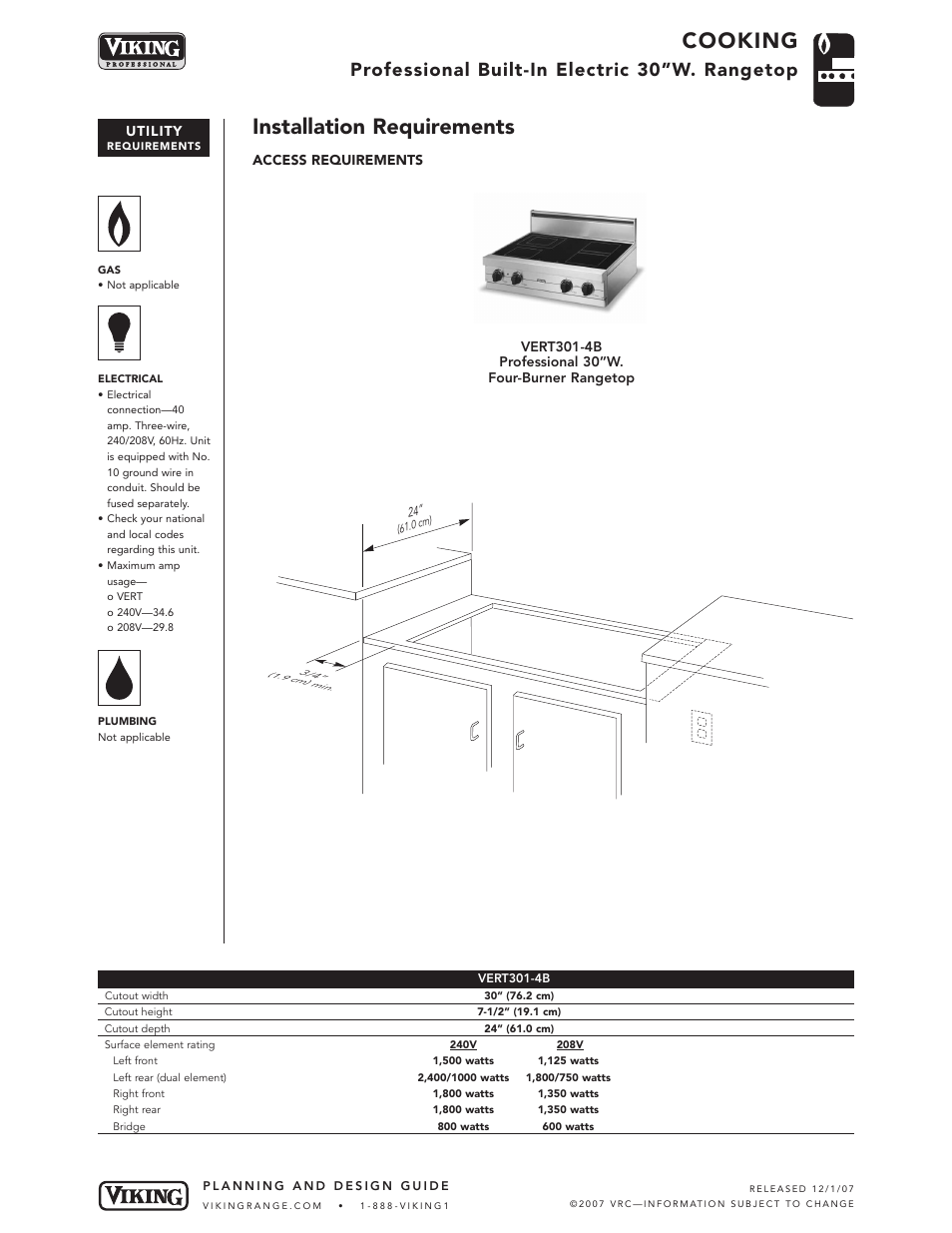 Cooking, Installation requirements, Professional built-in electric 30”w. rangetop | Viking VERT301-4B User Manual | Page 4 / 5